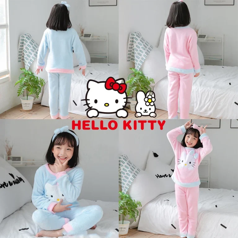 פיג’מת פלנל פליז ארוכה לילדות – הלו קיטי Hello Kitty
