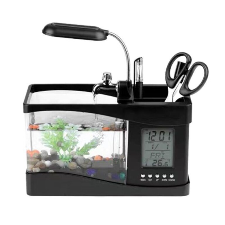 אקווריום שולחני לבית ולמשרד עם תאורת LCD ושעון דיגיטלי!