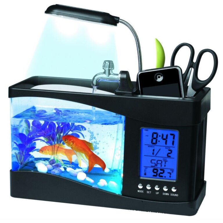 אקווריום שולחני לבית ולמשרד עם תאורת LCD ושעון דיגיטלי!