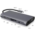תחנת עגינה/מתאם מ- TYPE C לחיבור רשת RJ45, חיבור VGA, HDMI, חיבור טעינה מהירה PD, קורא כרטיסי זיכרון ו-3 שקעי USB3.0