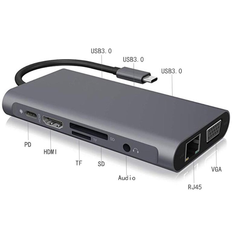 תחנת עגינה/מתאם מ- TYPE C לחיבור רשת RJ45, חיבור VGA, HDMI, חיבור טעינה מהירה PD, קורא כרטיסי זיכרון ו-3 שקעי USB3.0