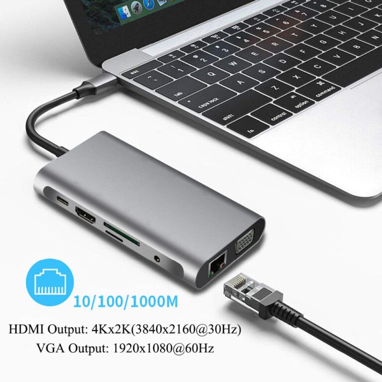 תחנת עגינה/מתאם מ- TYPE C לחיבור רשת RJ45, חיבור VGA, HDMI, חיבור טעינה מהירה PD, קורא כרטיסי זיכרון ו-3 שקעי USB3.0