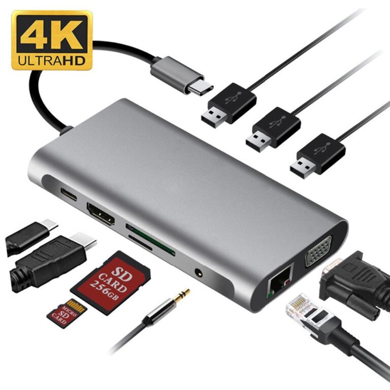 תחנת עגינה/מתאם מ- TYPE C לחיבור רשת RJ45, חיבור VGA, HDMI, חיבור טעינה מהירה PD, קורא כרטיסי זיכרון ו-3 שקעי USB3.0