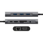 תחנת עגינה/מתאם מ- TYPE C לחיבור רשת RJ45, חיבור VGA, HDMI, חיבור טעינה מהירה PD, קורא כרטיסי זיכרון ו-3 שקעי USB3.0