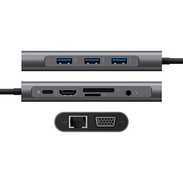 תחנת עגינה/מתאם מ- TYPE C לחיבור רשת RJ45, חיבור VGA, HDMI, חיבור טעינה מהירה PD, קורא כרטיסי זיכרון ו-3 שקעי USB3.0