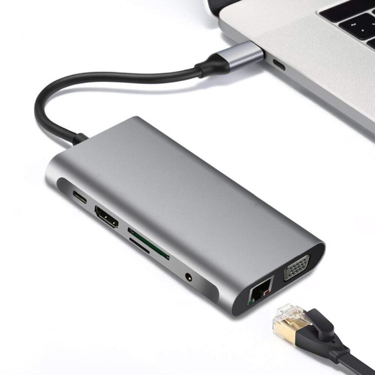 תחנת עגינה/מתאם מ- TYPE C לחיבור רשת RJ45, חיבור VGA, HDMI, חיבור טעינה מהירה PD, קורא כרטיסי זיכרון ו-3 שקעי USB3.0