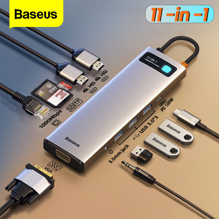 תחנת עגינה BASEUS בחיבור USB TYPE C – 11 in 1 – לחיבור עד 3 מסכים, רשת GIGABIT, טעינת PD, שקעי USB3 ואודיו