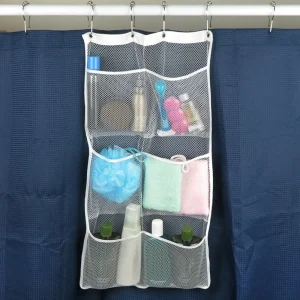מתלה רשת למקלחת עם 6 כיסים לאחסון קל ונוח של סבונים וכלי רחצה