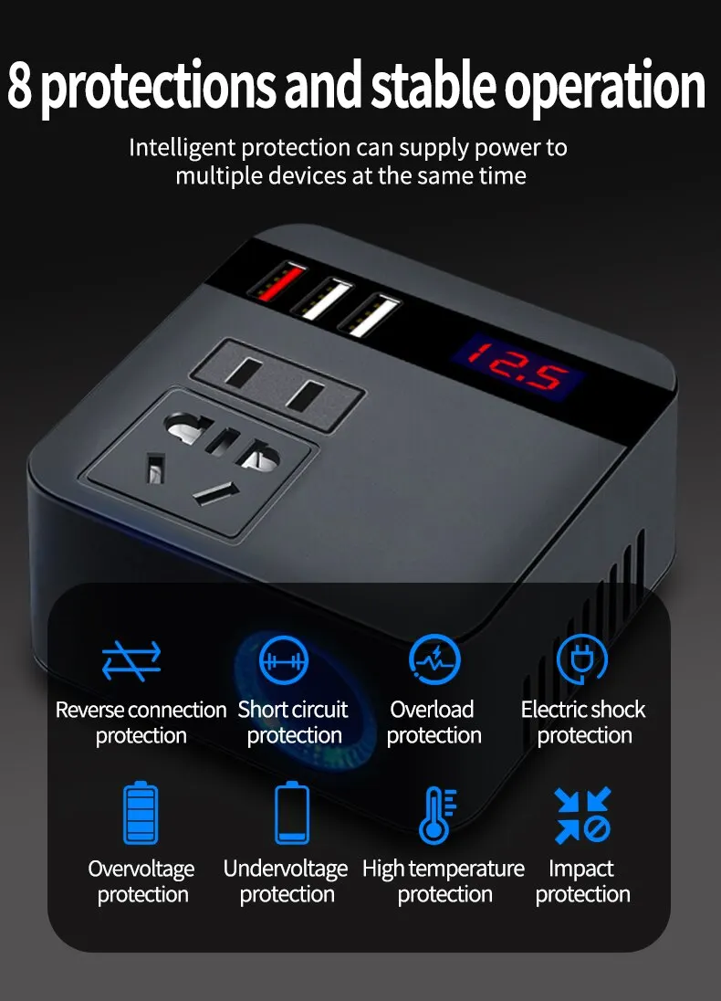 Car Inverter 150W Peak DC12V/24V to 110V/220V LED Display Sockets Power Inverter Adaptor Fast Charging