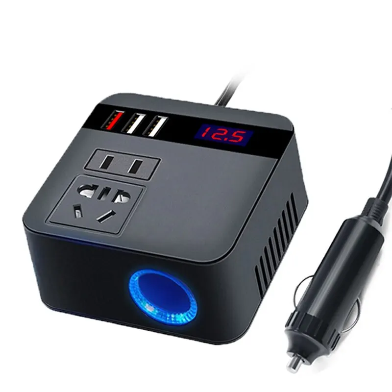 Car Inverter 150W Peak DC12V/24V to 110V/220V LED Display Sockets Power Inverter Adaptor Fast Charging