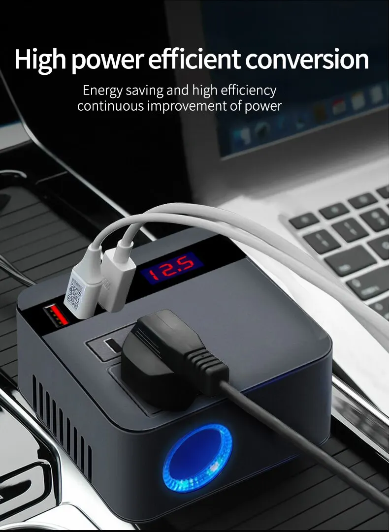 Car Inverter 150W Peak DC12V/24V to 110V/220V LED Display Sockets Power Inverter Adaptor Fast Charging