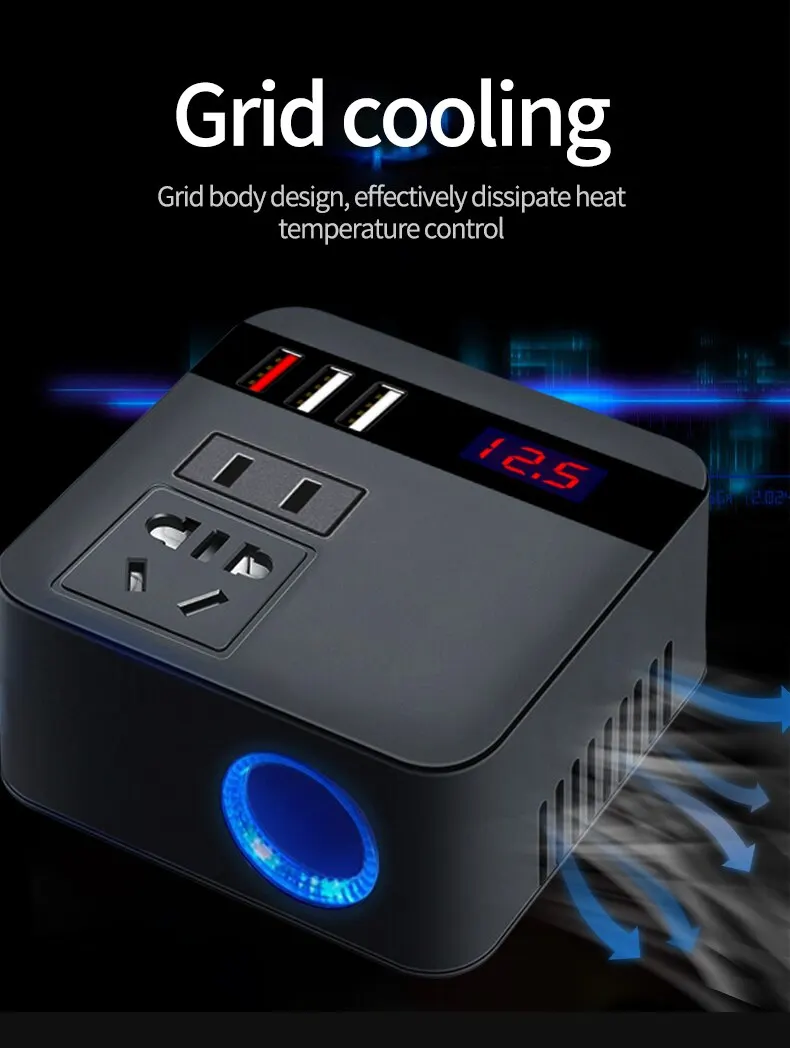 Car Inverter 150W Peak DC12V/24V to 110V/220V LED Display Sockets Power Inverter Adaptor Fast Charging