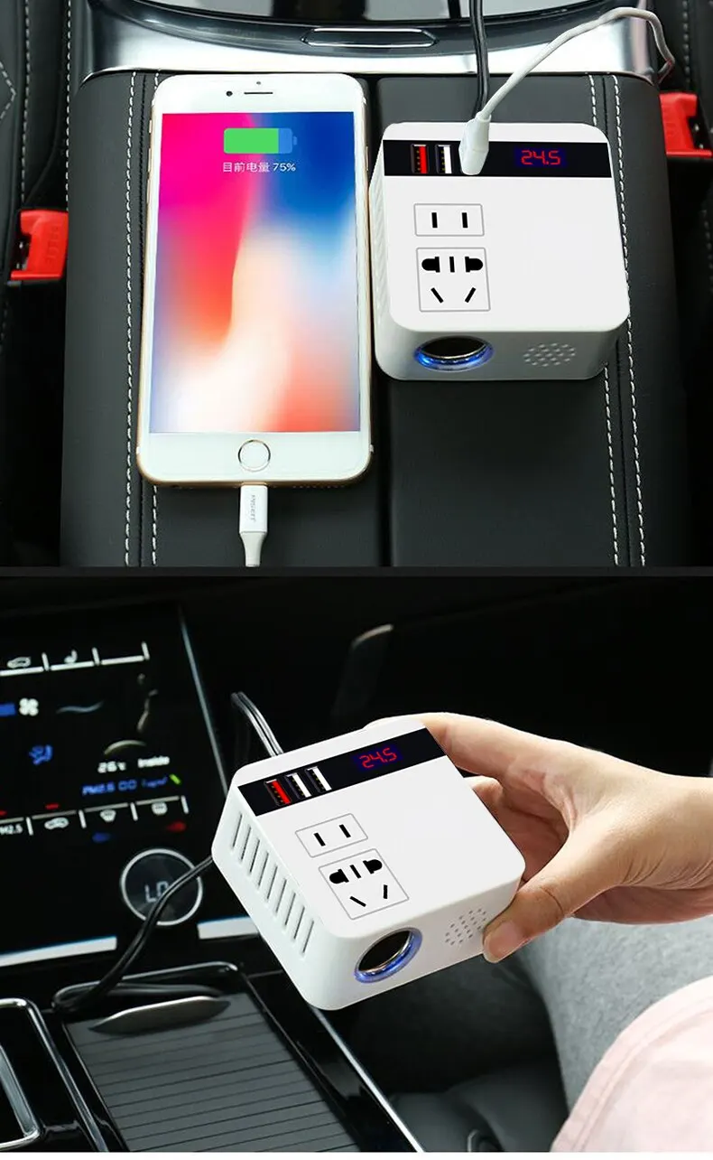 Car Inverter 150W Peak DC12V/24V to 110V/220V LED Display Sockets Power Inverter Adaptor Fast Charging