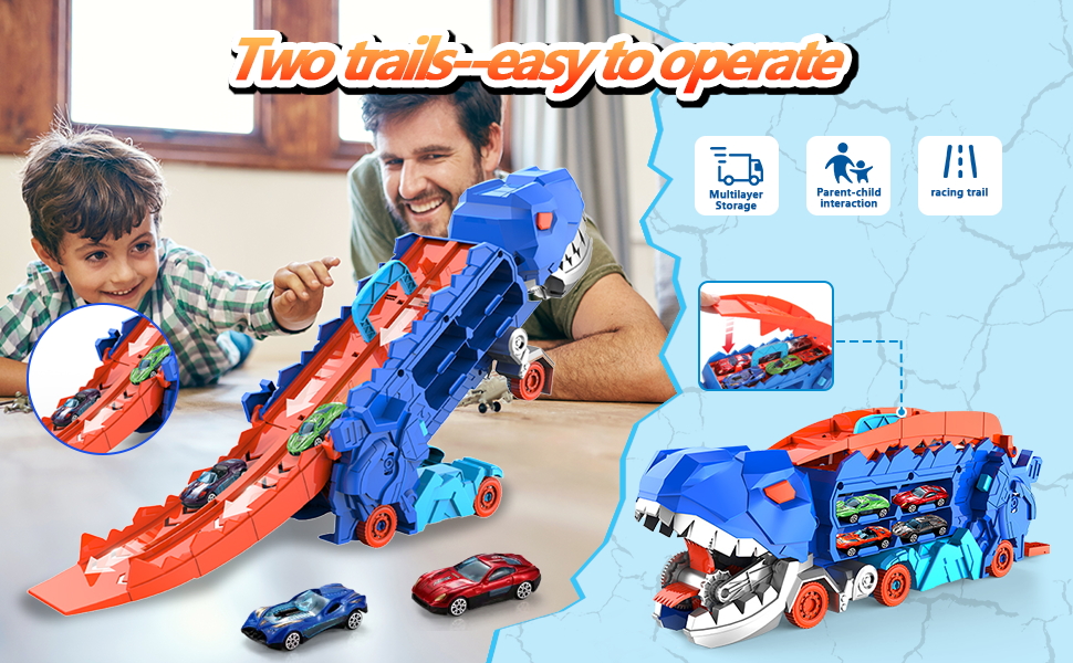 Transport Dinosaur Truck with Foldable Sliding Race Track Transforms into Standing T-rex Best Birthday Gifts Toys Boys Girls