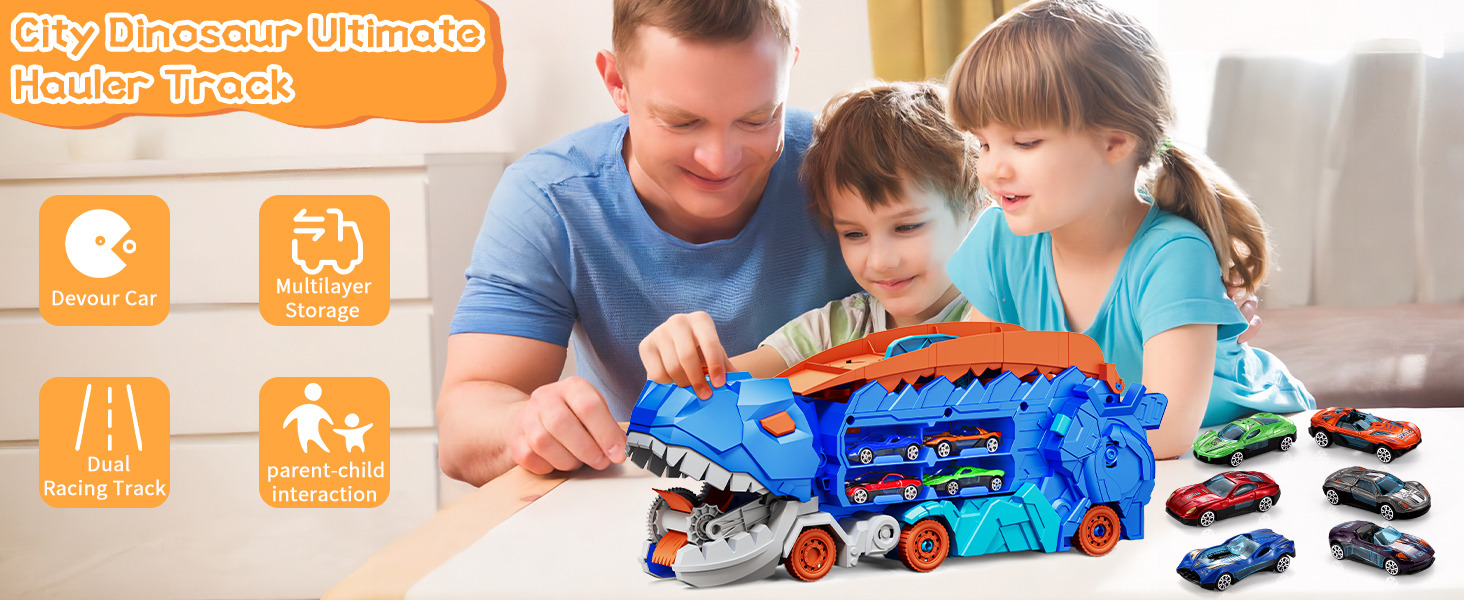 Transport Dinosaur Truck with Foldable Sliding Race Track Transforms into Standing T-rex Best Birthday Gifts Toys Boys Girls