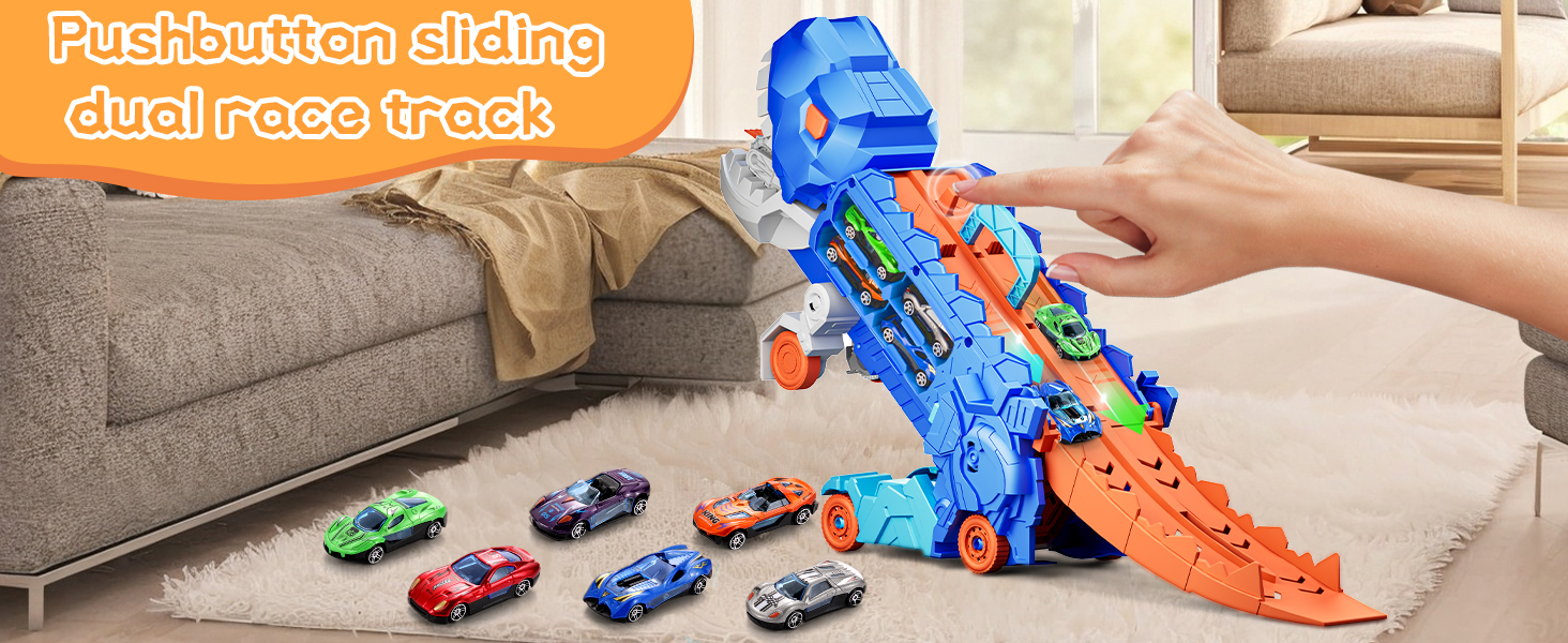 Transport Dinosaur Truck with Foldable Sliding Race Track Transforms into Standing T-rex Best Birthday Gifts Toys Boys Girls