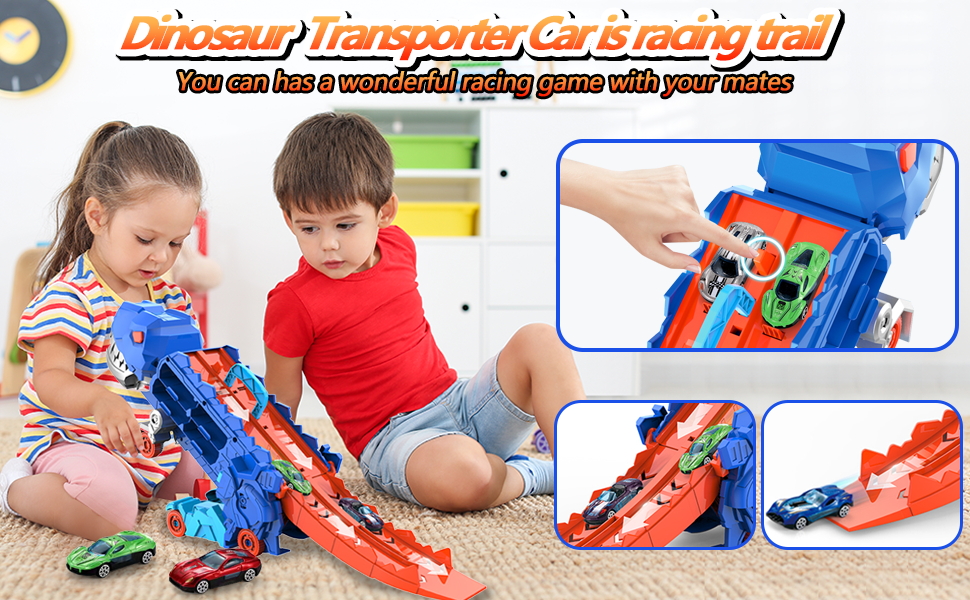 Transport Dinosaur Truck with Foldable Sliding Race Track Transforms into Standing T-rex Best Birthday Gifts Toys Boys Girls