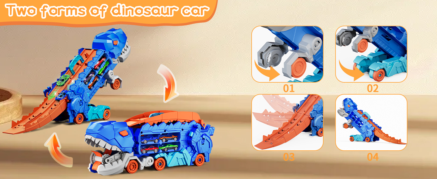 Transport Dinosaur Truck with Foldable Sliding Race Track Transforms into Standing T-rex Best Birthday Gifts Toys Boys Girls