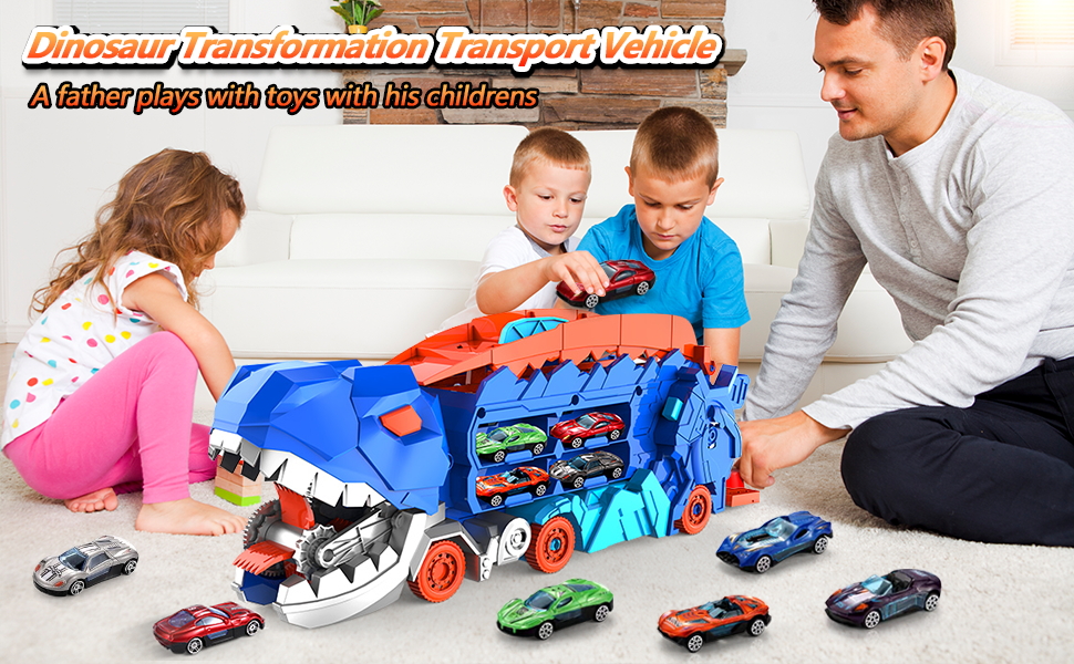 Transport Dinosaur Truck with Foldable Sliding Race Track Transforms into Standing T-rex Best Birthday Gifts Toys Boys Girls