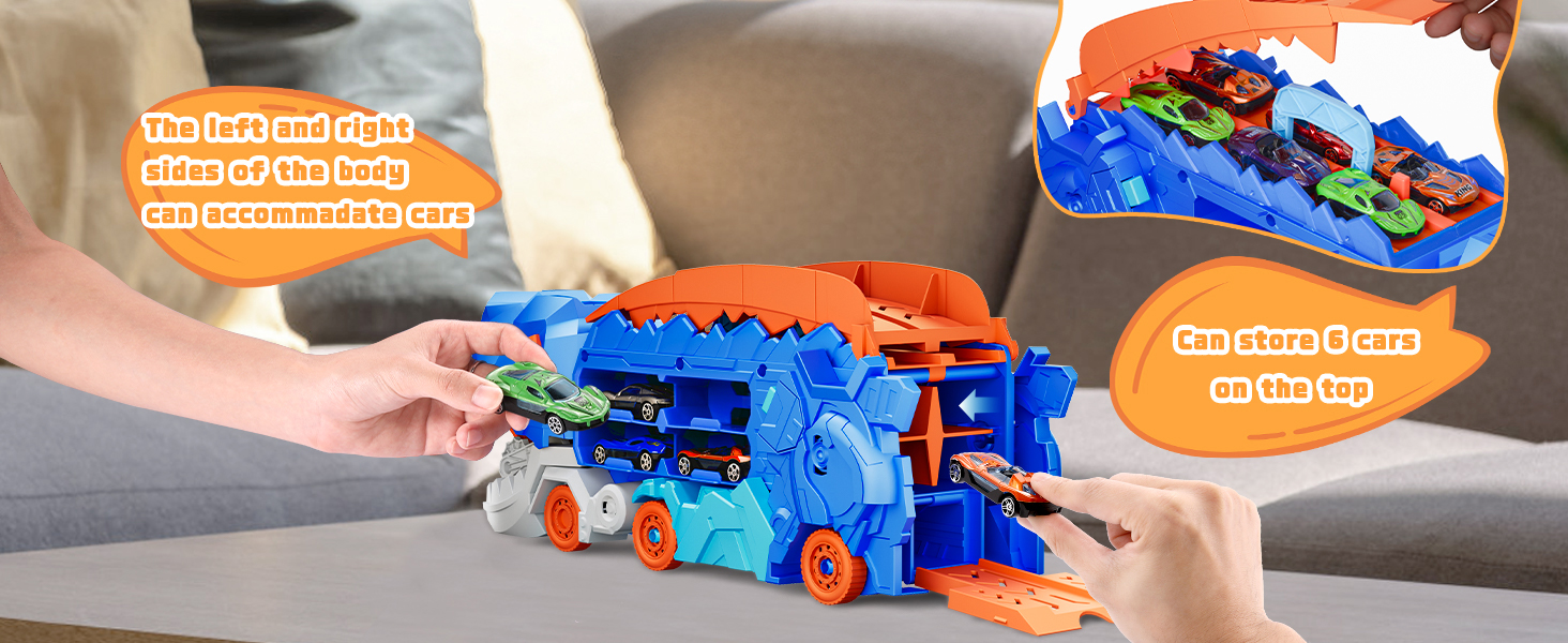 Transport Dinosaur Truck with Foldable Sliding Race Track Transforms into Standing T-rex Best Birthday Gifts Toys Boys Girls