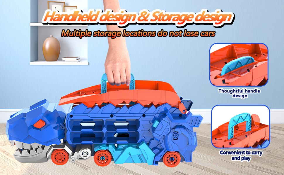 Transport Dinosaur Truck with Foldable Sliding Race Track Transforms into Standing T-rex Best Birthday Gifts Toys Boys Girls