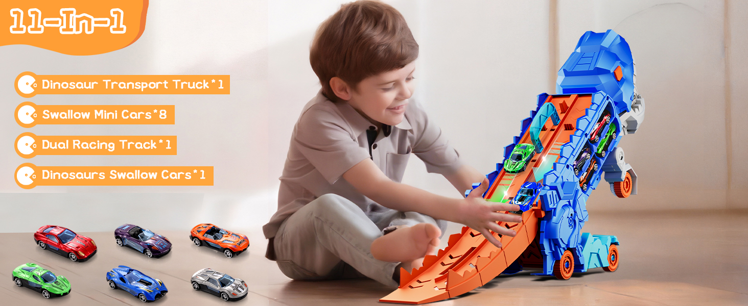 Transport Dinosaur Truck with Foldable Sliding Race Track Transforms into Standing T-rex Best Birthday Gifts Toys Boys Girls