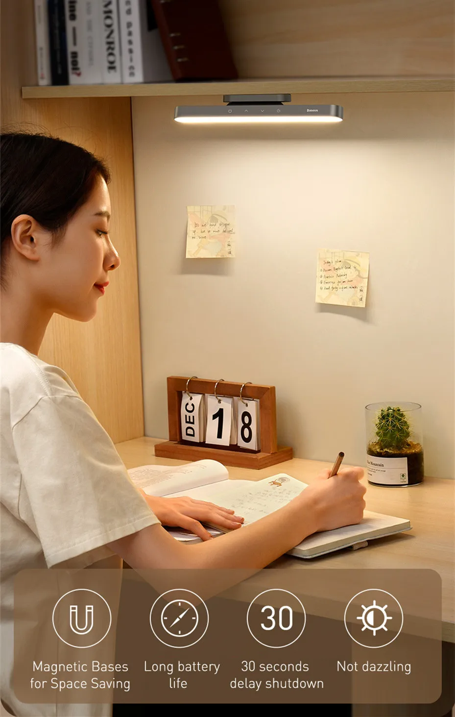 Baseus Night Light Hanging Magnetic LED Table Lamp Stepless Dimming Desk Lamp Rechargeable For Cabinet Bedroom Kitchen Light