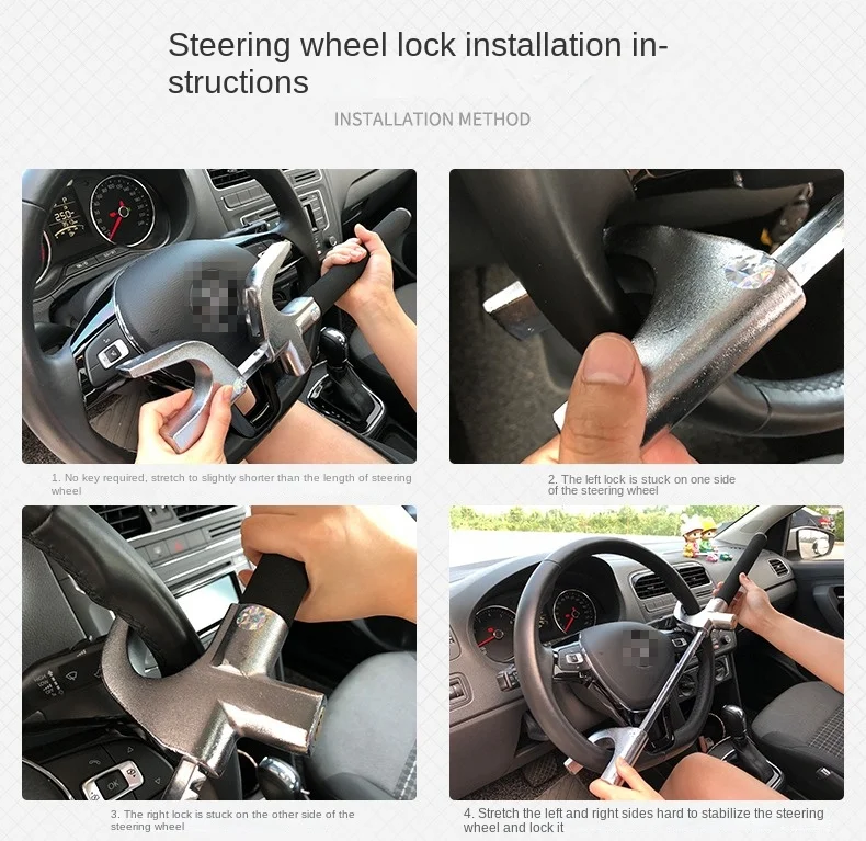 Car Steering Wheel Lock Anti-Theft Car Device Universal Fit Adjustable Length Clamp Double Hook Retractable Steering Lock With