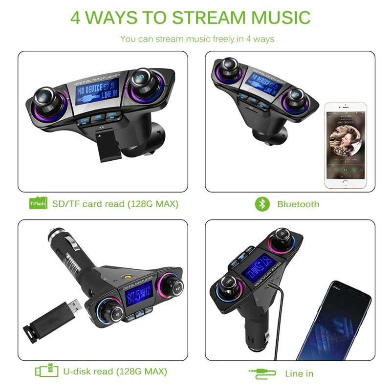 Bluetooth 5.0 Car Adapter FM/AUX Transmitter Kit MP3 Player Auto Wireless Handsfree Dual USB Charger LED Screen