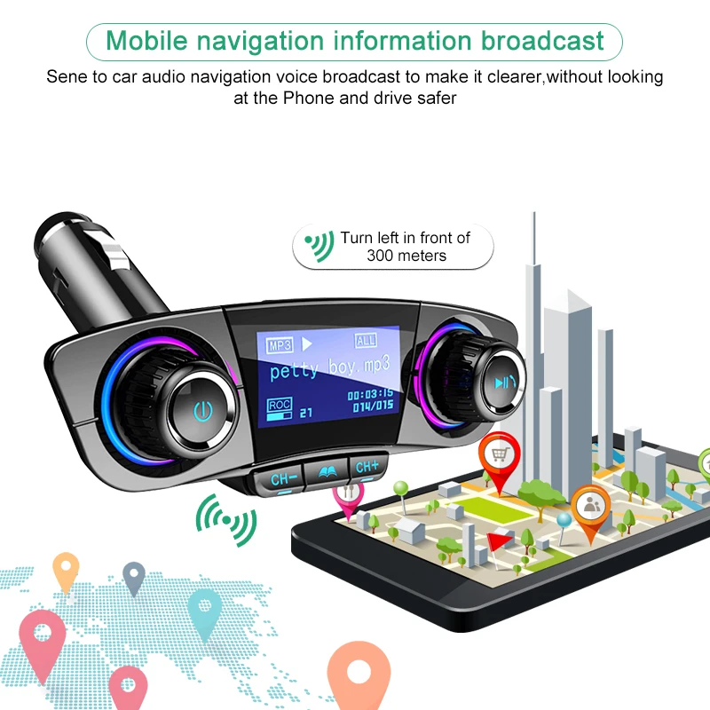 Bluetooth 5.0 Car Adapter FM/AUX Transmitter Kit MP3 Player Auto Wireless Handsfree Dual USB Charger LED Screen