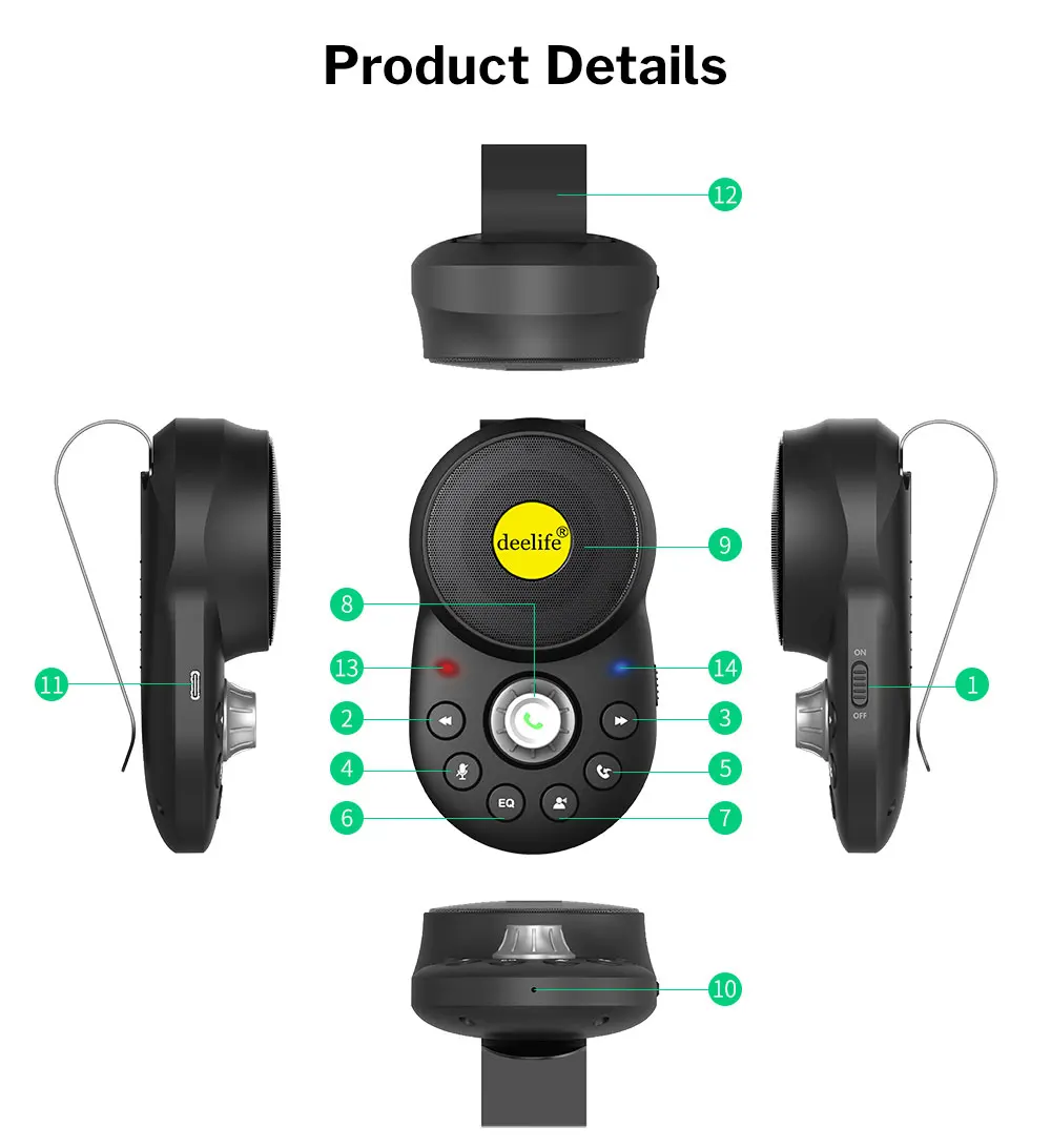 Deelife Handsfree Car Bluetooth Hands-free Kit for Auto Speakerphone BT 5.0 Hands Free Carkit