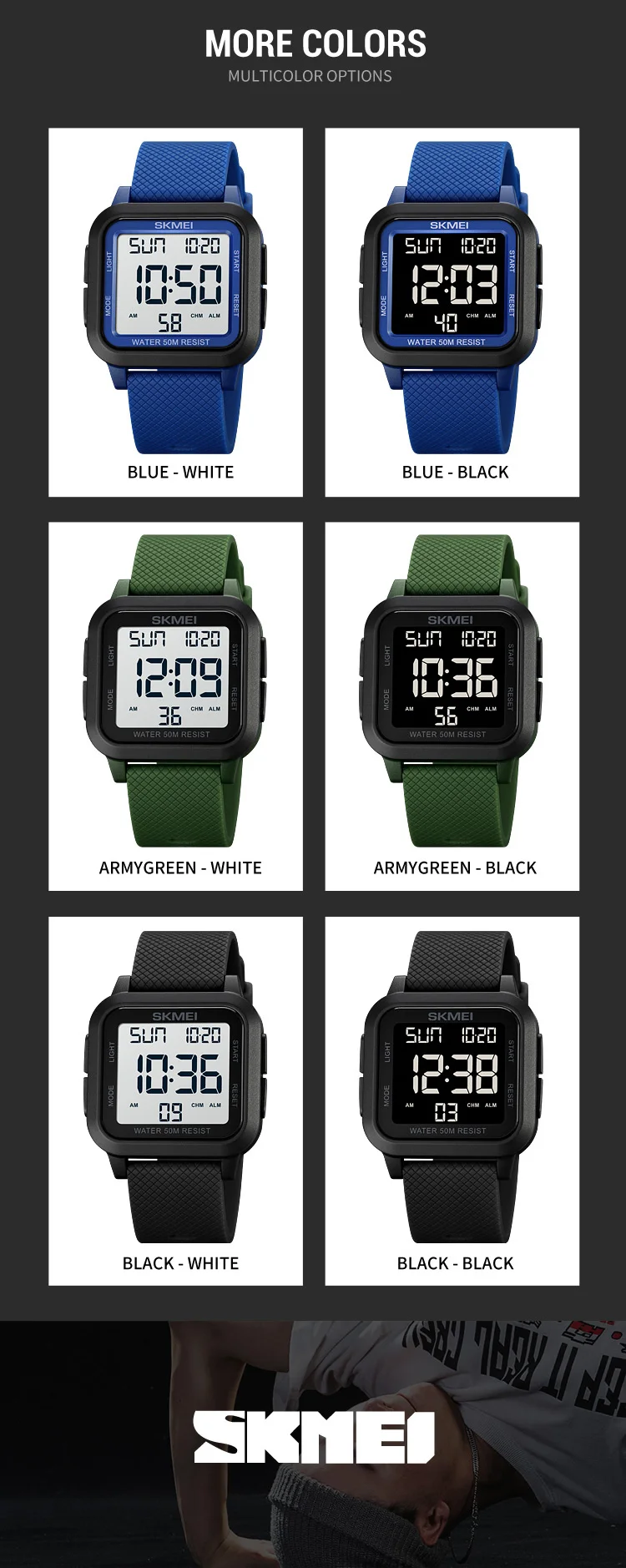 SKMEI Sport Watches Mens Alarm Countdown Clock Male 5Bar Waterproof Military Back Light Shockproof Calender Digital Wristwatch