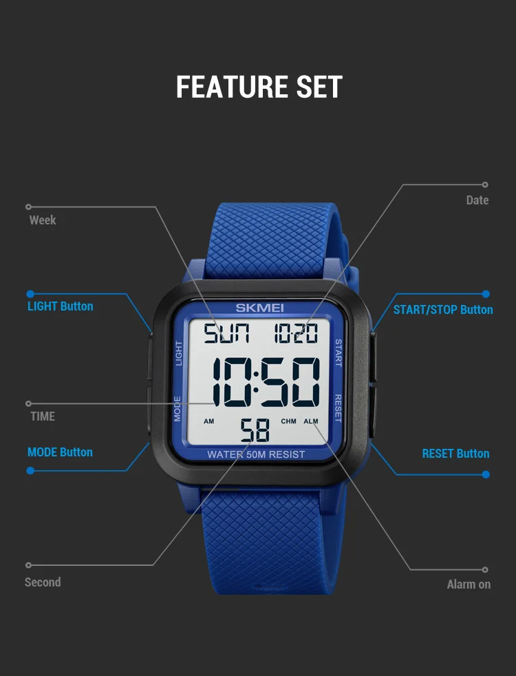 SKMEI Sport Watches Mens Alarm Countdown Clock Male 5Bar Waterproof Military Back Light Shockproof Calender Digital Wristwatch
