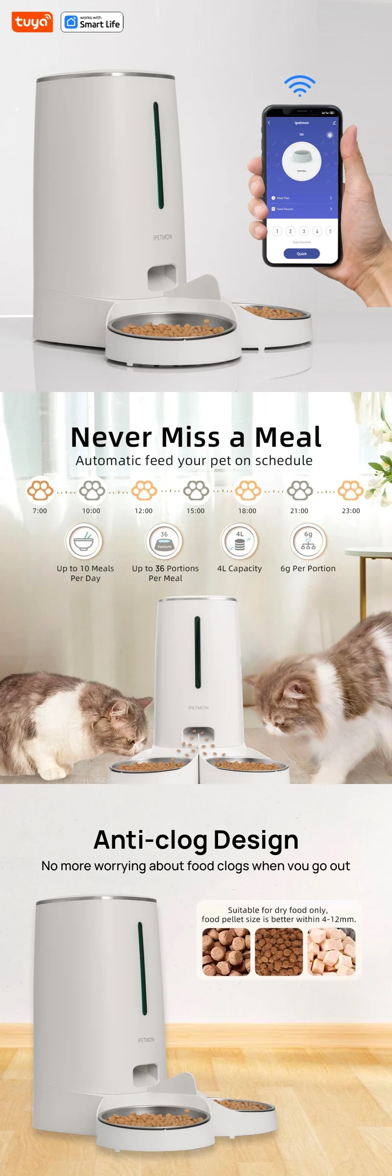 WiFi Automatic Cat Feeders for 2 Cats, 4L Cat Food Dispenser with APP Control, Double Stainless Steel Bowls, Low Food Alarms