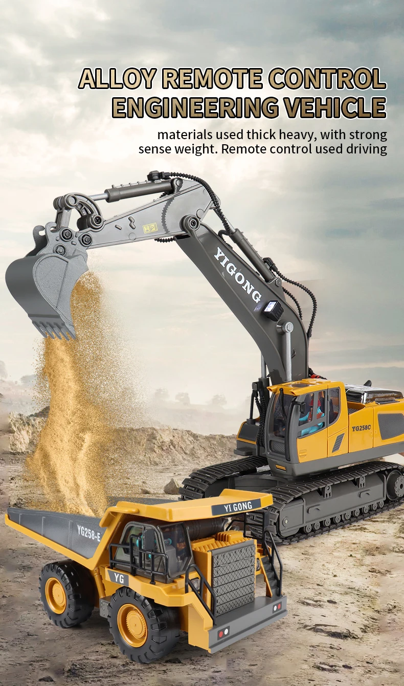 ZWN 2.4G Remote Control Excavator Dump Truck RC Model Car Toy Professional Alloy Plastic Simulation Construction Vehicle for Kid