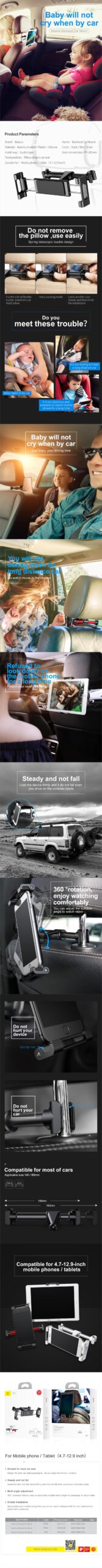 Baseus Car Back Seat Phone Holder Headrest Holder for 4.7-12.9 inch Pad Backseat Mount for Pad Tablet PC Auto Headrest Holder