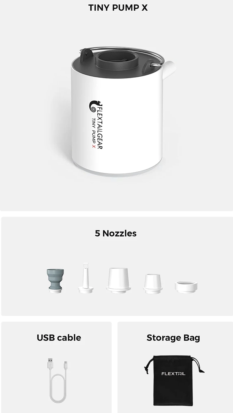 FLEXTAILGEAR TINY PUMP X - Portable Camping Air Pump with 1300mAh Battery Rechargeable for Pool Floats Air Mattress Vacuum Bags