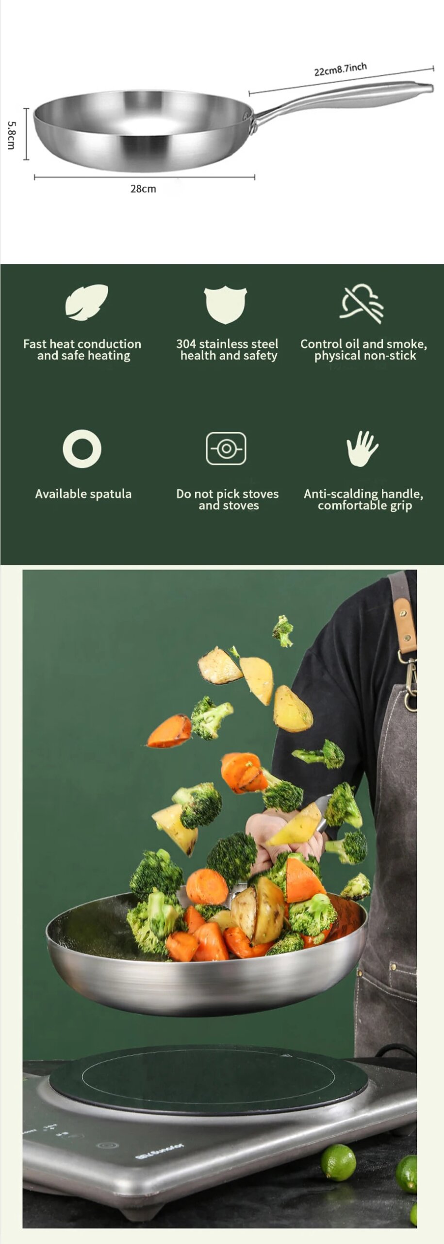 304 Stainless Steel Frying Pan, NonStick Pan Fried Steak Pot Uncoated Kitchen Cookware For Gas Stove and Induction Cooker