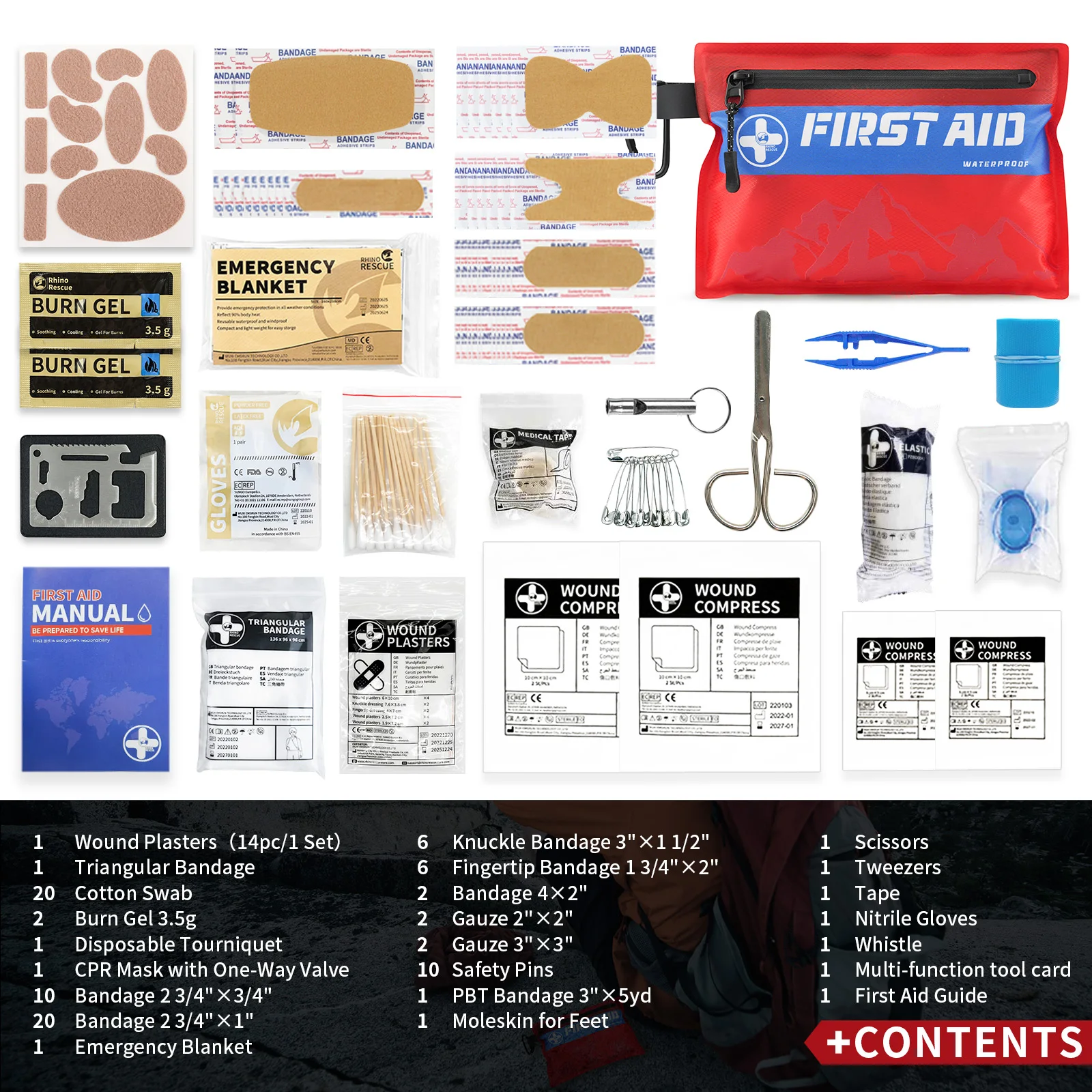 RHINO RESCUE Small First Aid Kit Ultralight Waterproof Medical Kit for Hiking, Backpacking, Cycling, Travel, Vehicles,