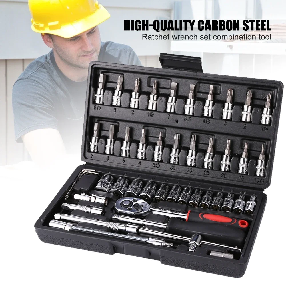 46pcs Socket Wrench Set Professional Mechanical Workshop Tools Kit Motorcycle Ratchet Spanner Multi-functional Car Repair Tool