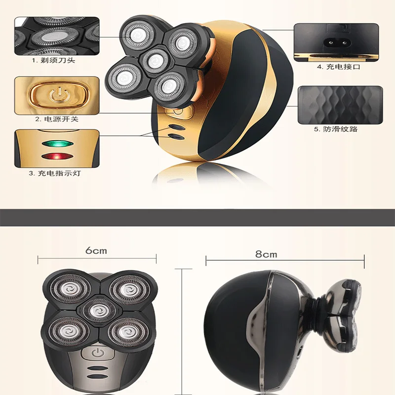 Waterproof Rotary Razor Beard Clipper Hair Trimmer Face 5 Headed Electric Shaver Razor Rechargeable Male