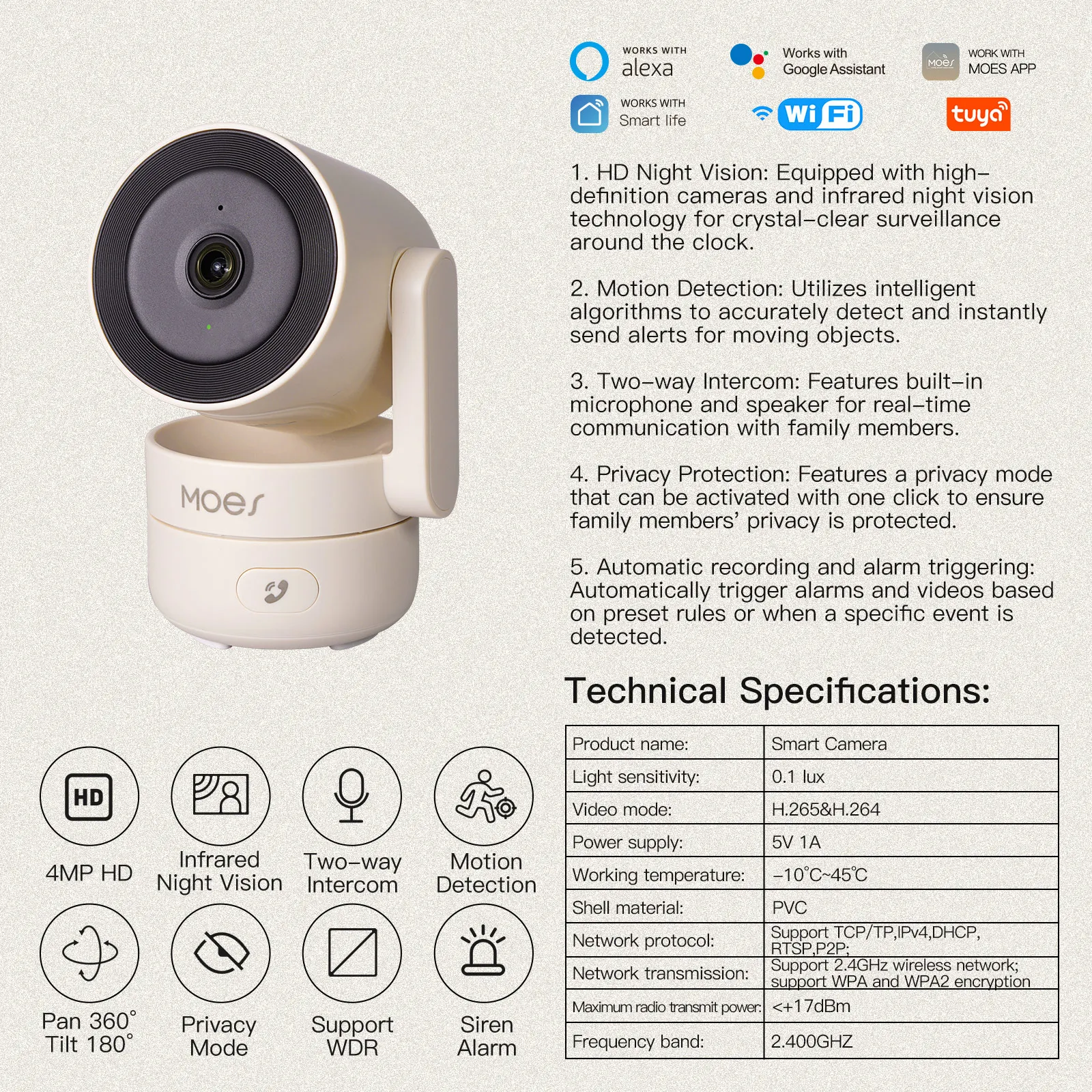 MOESTuya WiFi Indoor Pan/Tilt Smart Security Camera 4MP HD Infrared Night Vision Motion Sound Detection Monitor Panoramic Patrol MOESTuya WiFi Indoor Pan/Tilt Smart Security Camera 4MP HD Infrared Night Vision Motion Sound Detection Monitor Panoramic Patrol