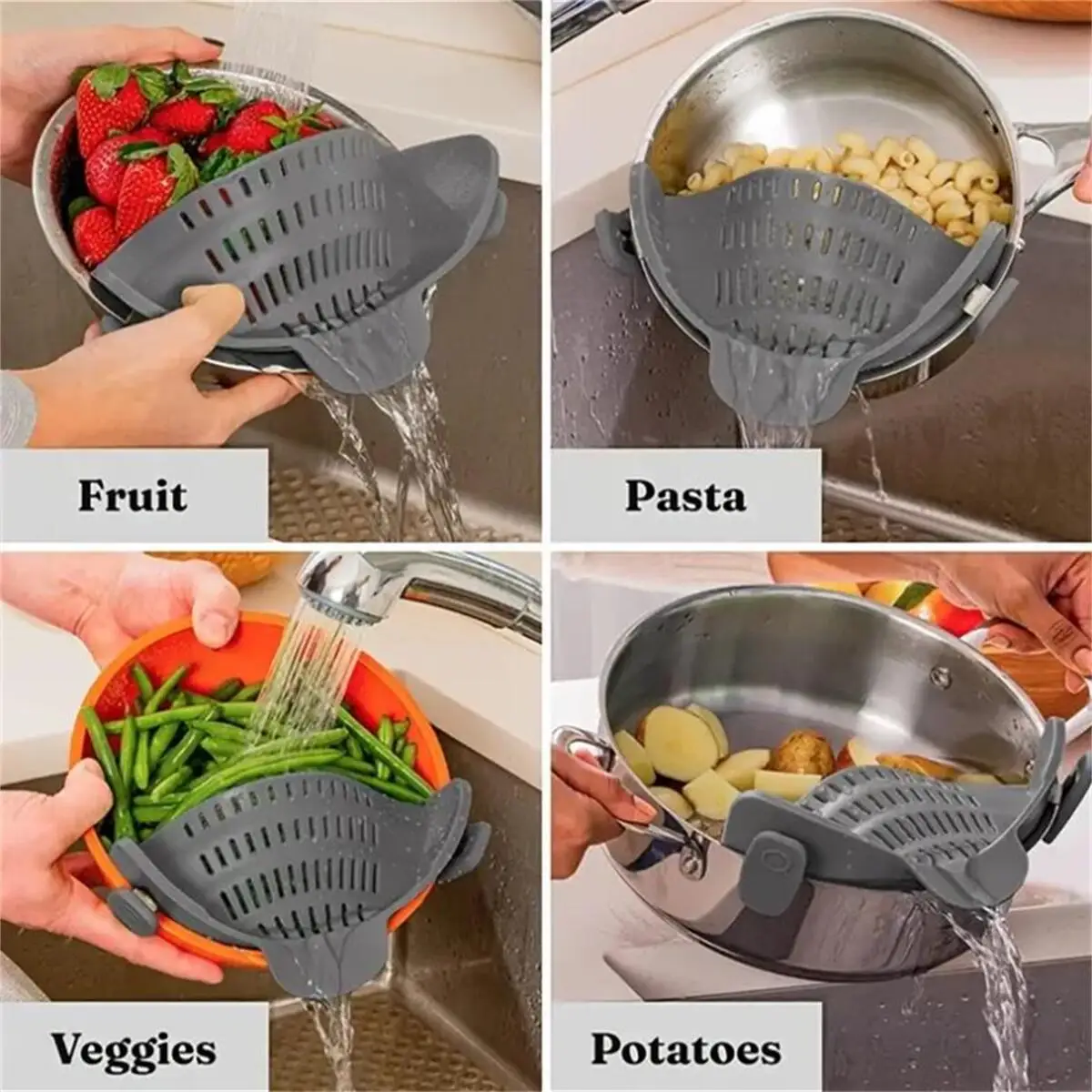 Adjustable Silicone Clip-On Strainer for Pots, Pans, and Bowls - Handheld Drainer for Noodles, Pasta