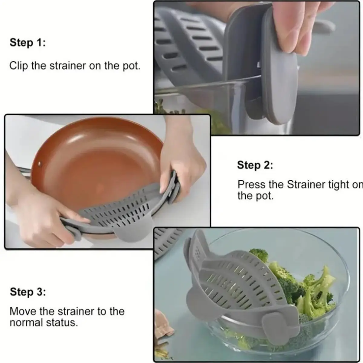 Adjustable Silicone Clip-On Strainer for Pots, Pans, and Bowls - Handheld Drainer for Noodles, Pasta
