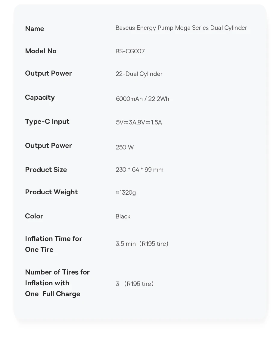 Baseus Dual Cylinder Wireless Air Pump 250W Electric Car Air Compressor Tire Inflator Pump Portable Motorcycle Pump