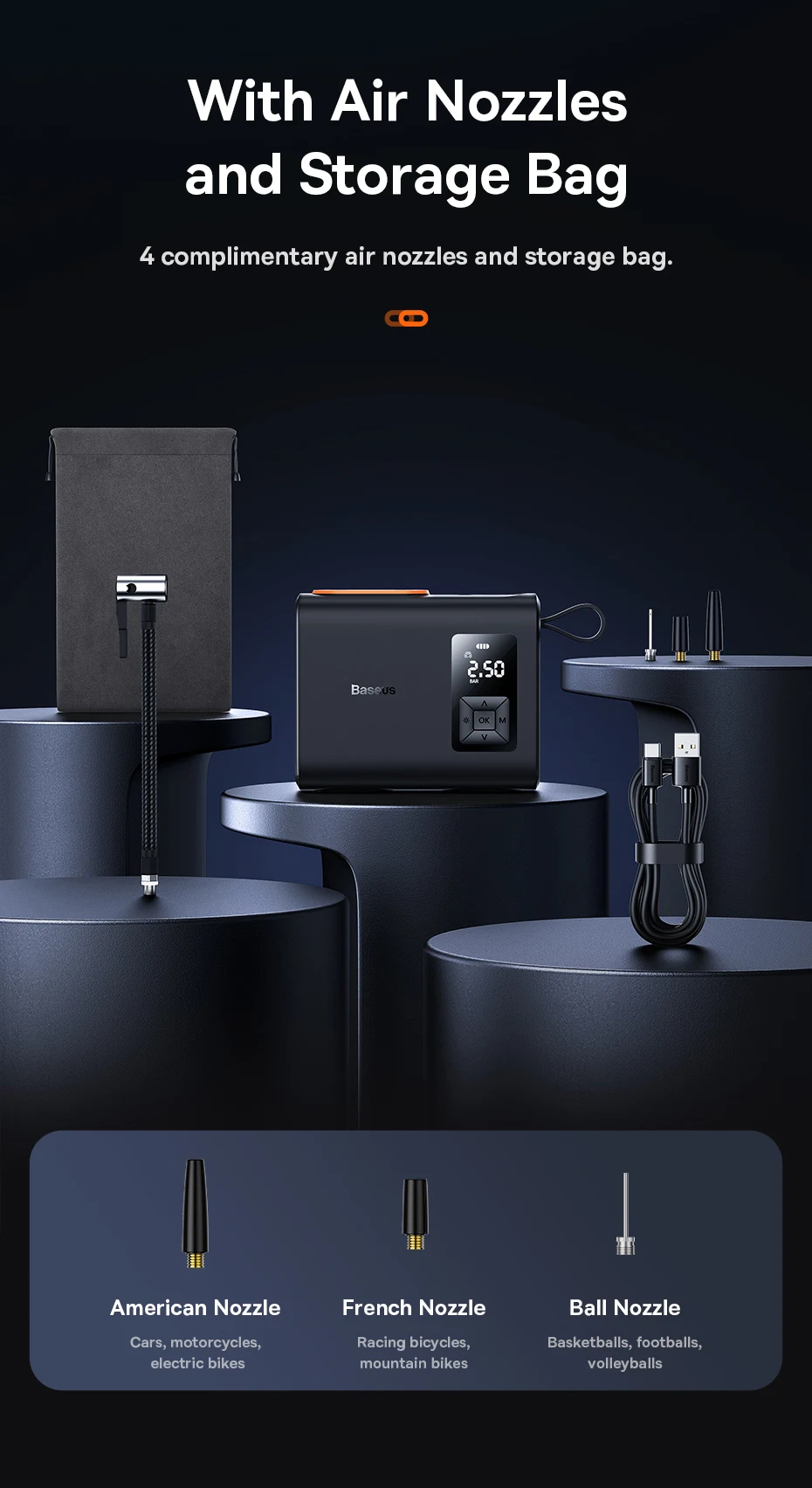 Baseus Dual Cylinder Wireless Air Pump 250W Electric Car Air Compressor Tire Inflator Pump Portable Motorcycle Pump