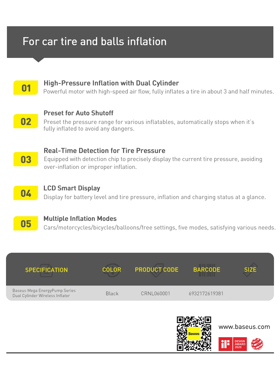 Baseus Dual Cylinder Wireless Air Pump 250W Electric Car Air Compressor Tire Inflator Pump Portable Motorcycle Pump