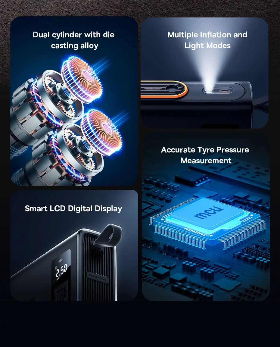 Baseus Dual Cylinder Wireless Air Pump 250W Electric Car Air Compressor Tire Inflator Pump Portable Motorcycle Pump