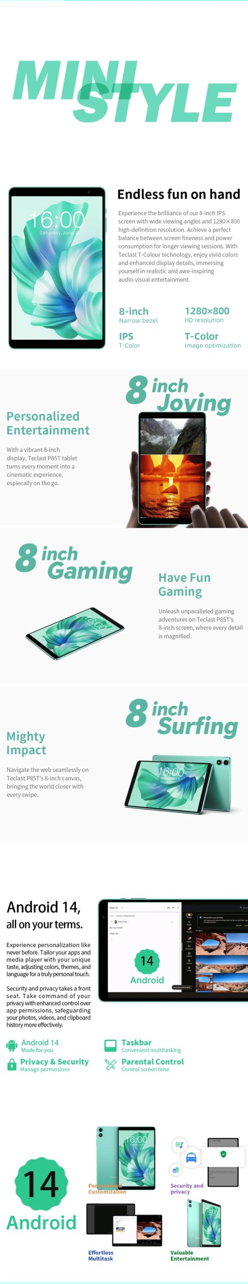 Teclast P85T 2024 Tablet (Allwinner A523 1.8GHz 8-Core/10GB (4GB+6GB)RAM/64GB ROM/8 Inch 1200*800iPS/WiFi 5/BT 5.0/5000mAh