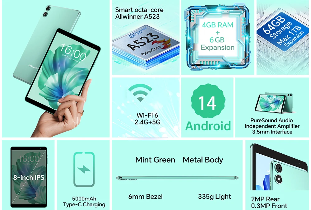 Teclast P85T 2024 Tablet (Allwinner A523 1.8GHz 8-Core/10GB (4GB+6GB)RAM/64GB ROM/8 Inch 1200*800iPS/WiFi 5/BT 5.0/5000mAh